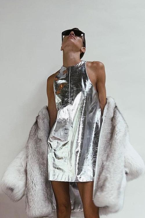 High Neck Sleeveless Metallic Shift Mini Dress