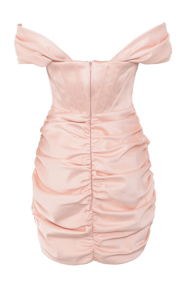 Off Shoulder Satin Corset Bodice Draped Wrap Hem Mini Dress 29