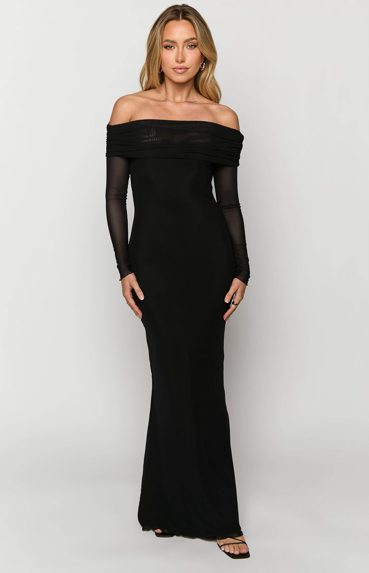 Mesh Off Shoulder Fold Over Long Sleeve Mermaid Maxi Dress 4