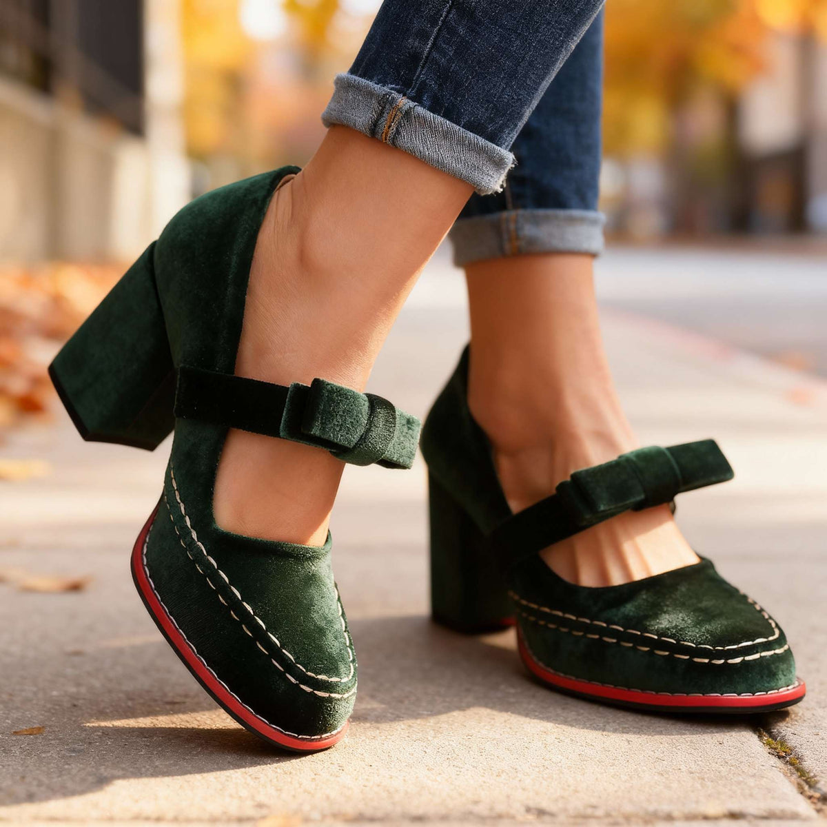 Velvet Square Toe Bow Strap Block Heel Mary Jane Pumps