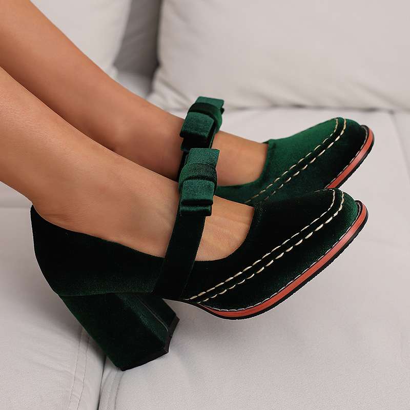 Velvet Square Toe Bow Strap Block Heel Mary Jane Pumps
