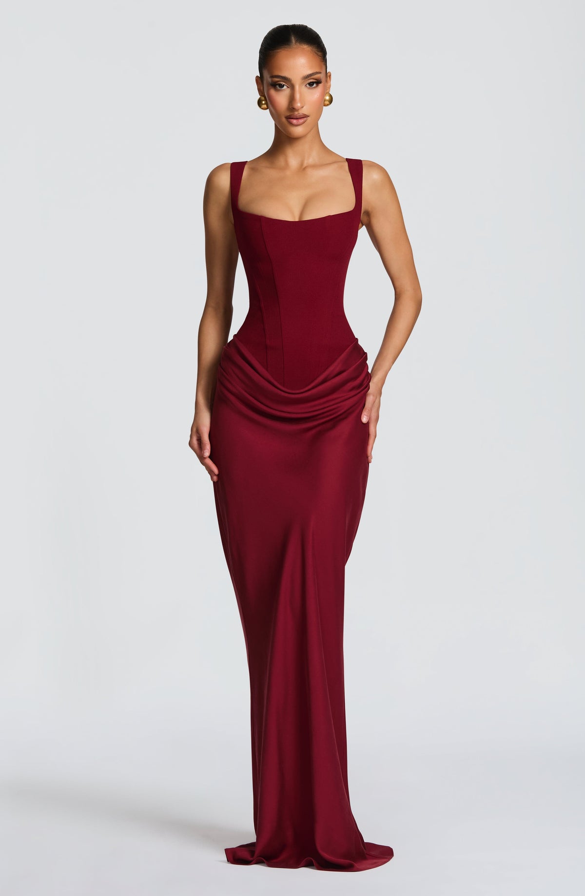 Corset Bodice Square Neck Sleeveless Draped Hip Maxi Dress
