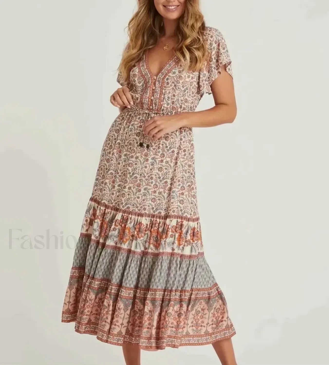 Cotton Drawstring Midi Boho Dress