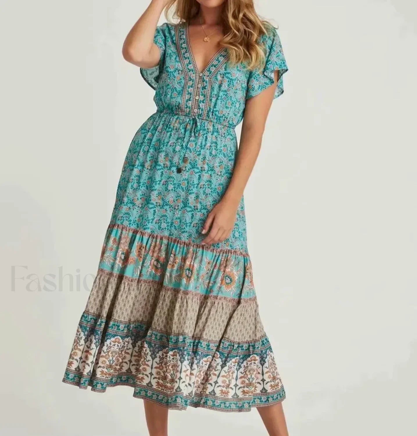 Cotton Drawstring Midi Boho Dress