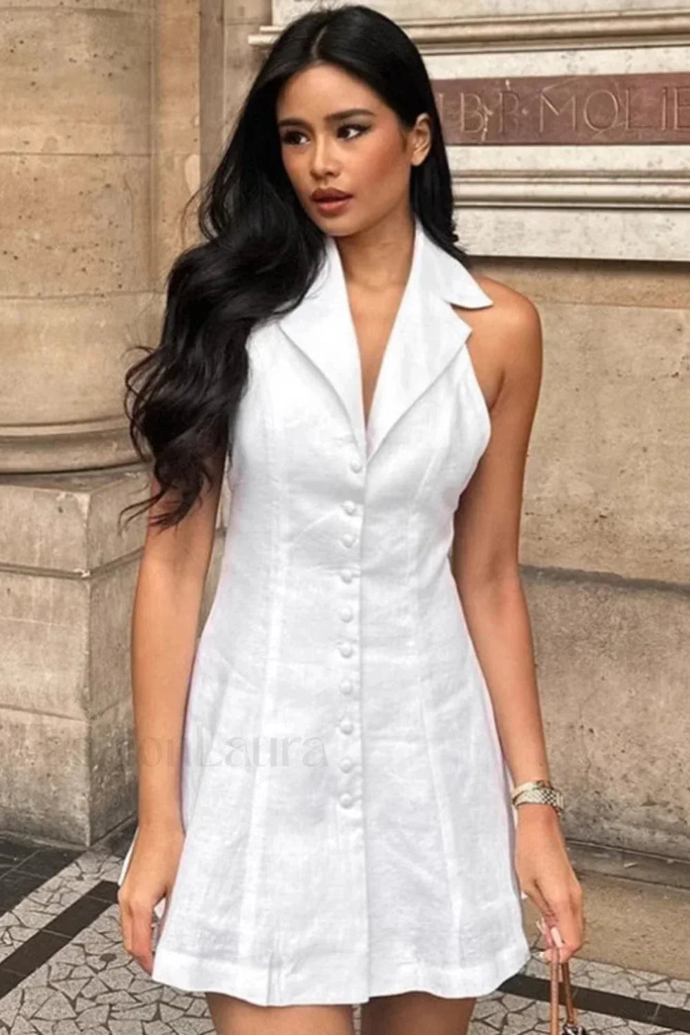 Cotton Linen Backless Sexy Neckline Mini Dress