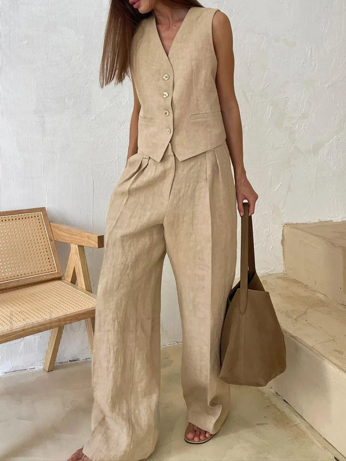 Cotton & Linen Pants Set Khaki / XS Pant Sets
