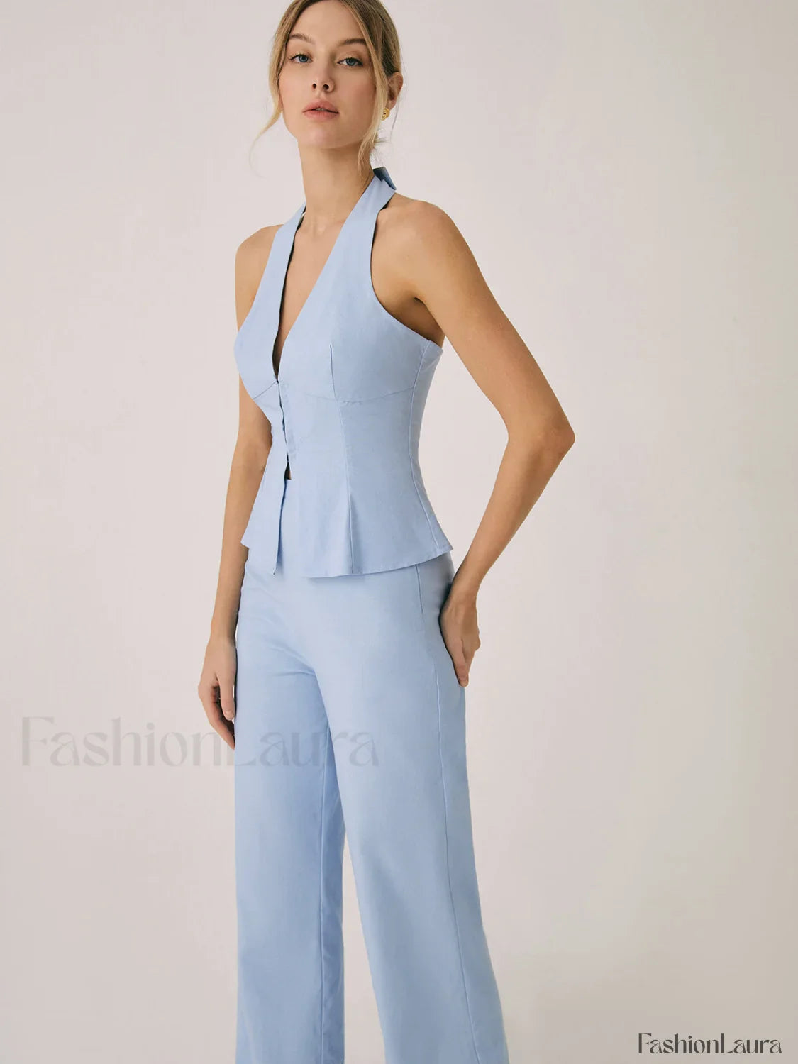 Cotton & Linen Vest Modern With Straight Leg Pants Set