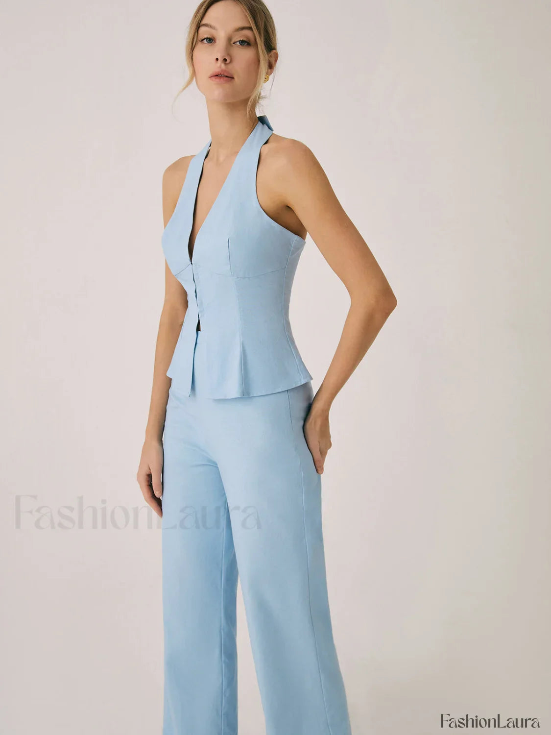 Cotton & Linen Vest With Straight Leg Pants Set
