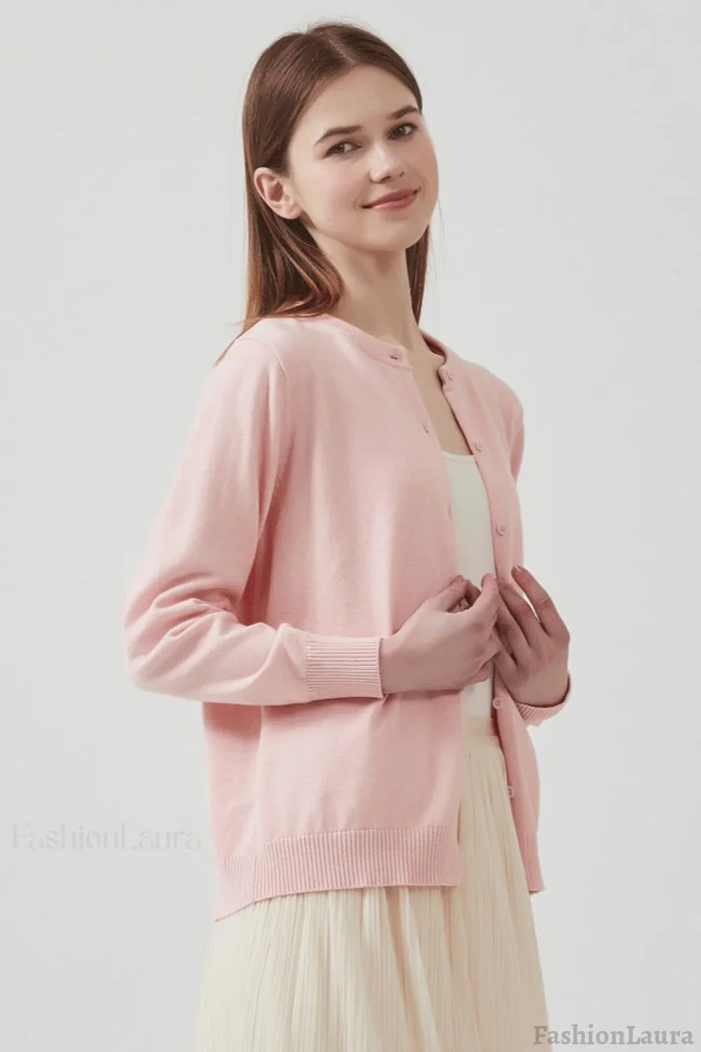 Cotton Round Neck Cardigan Pink / S