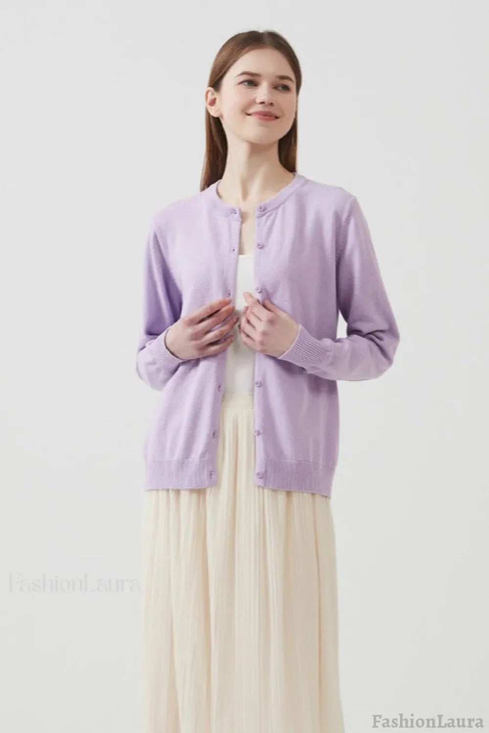 Cotton Round Neck Cardigan Purple / S