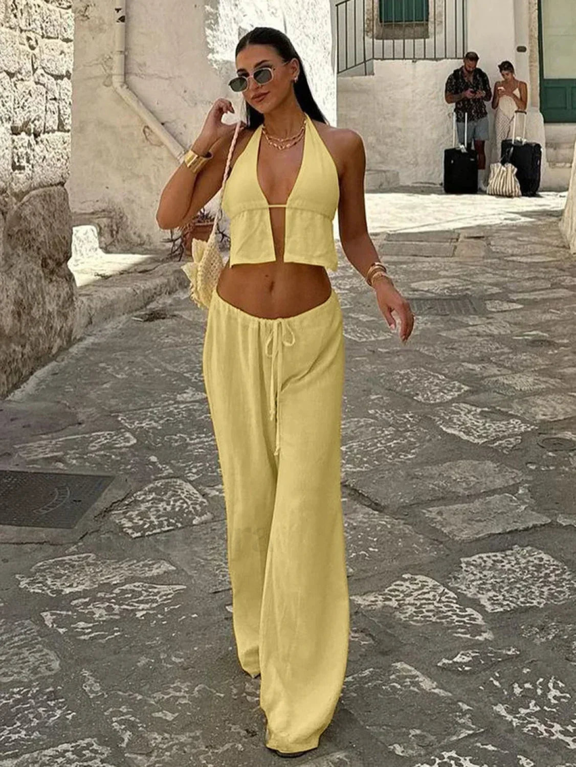 Cotton V-Neck Lace Pants Two Piece Set