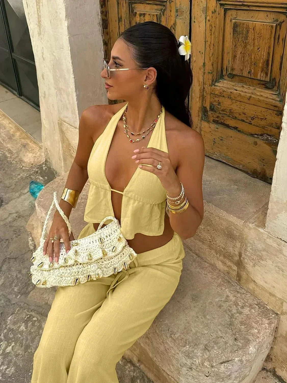 Cotton V-Neck Lace Pants Two Piece Set