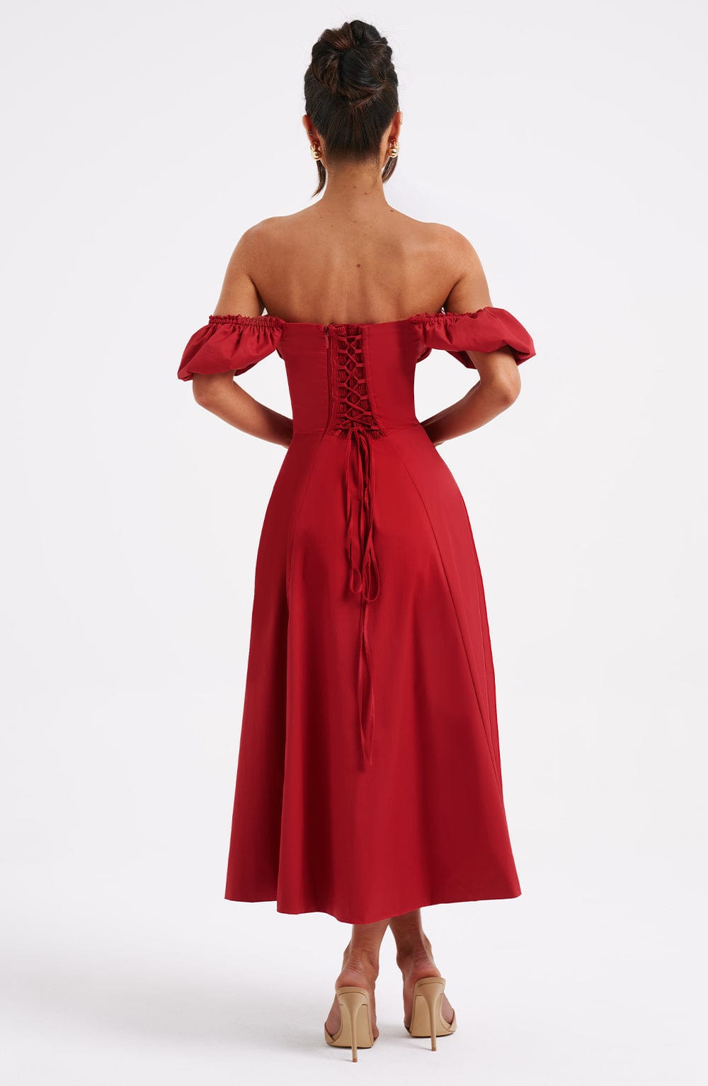 Off Shoulder Puff Sleeve Corset Bodice High Split Midi Dress 2