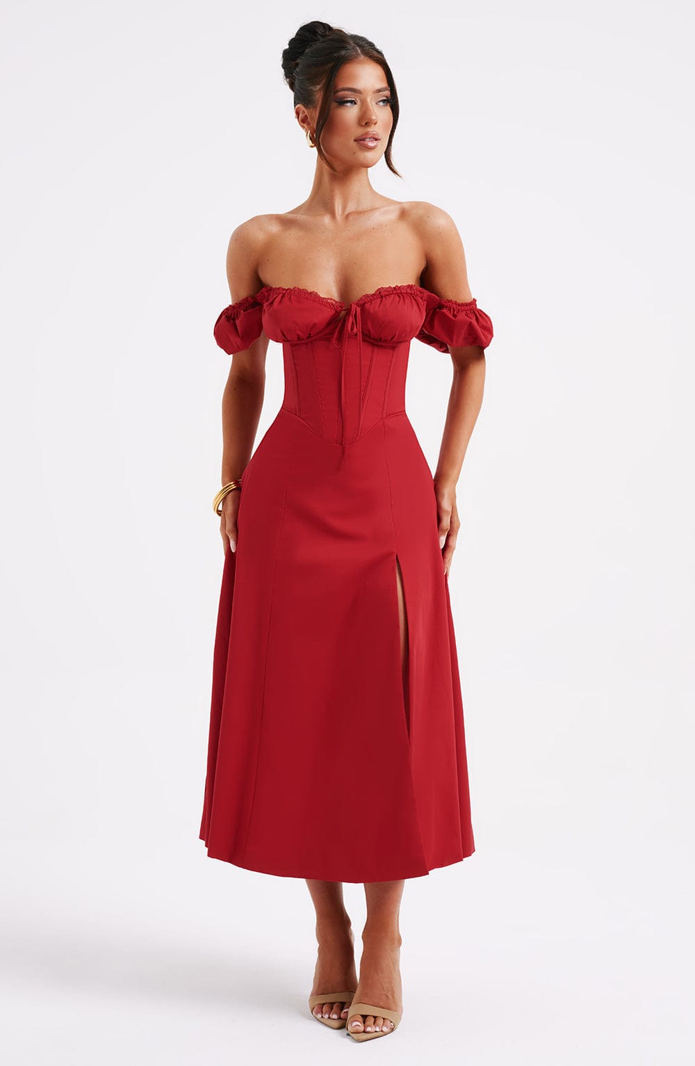 Off Shoulder Puff Sleeve Corset Bodice High Split Midi Dress 7