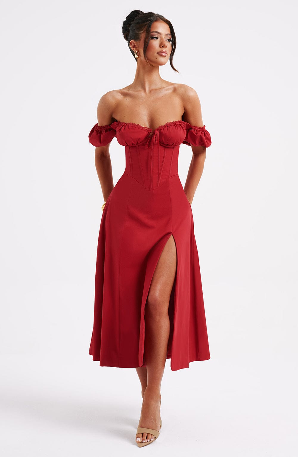 Off Shoulder Puff Sleeve Corset Bodice High Split Midi Dress
