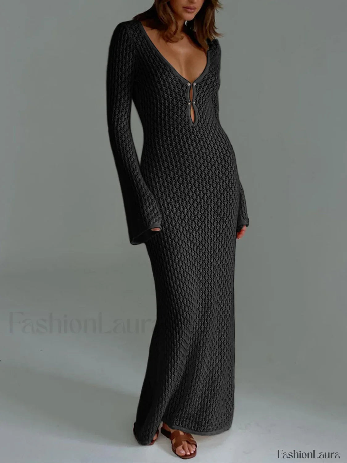 Cover Up Long Sleeve Open Back Long Dress