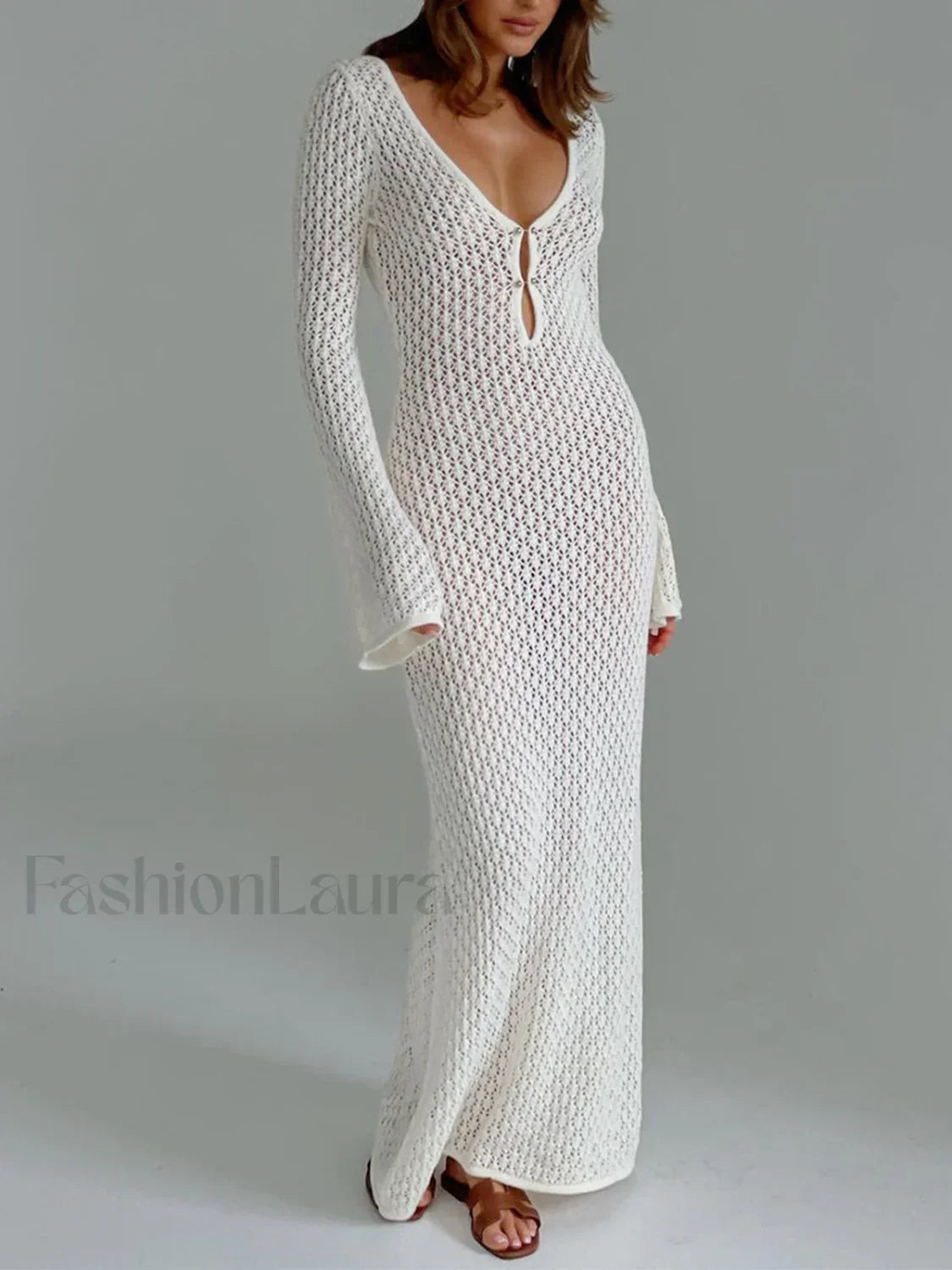 Cover Up Long Sleeve Open Back Long Dress White / XS Sweater Dresses