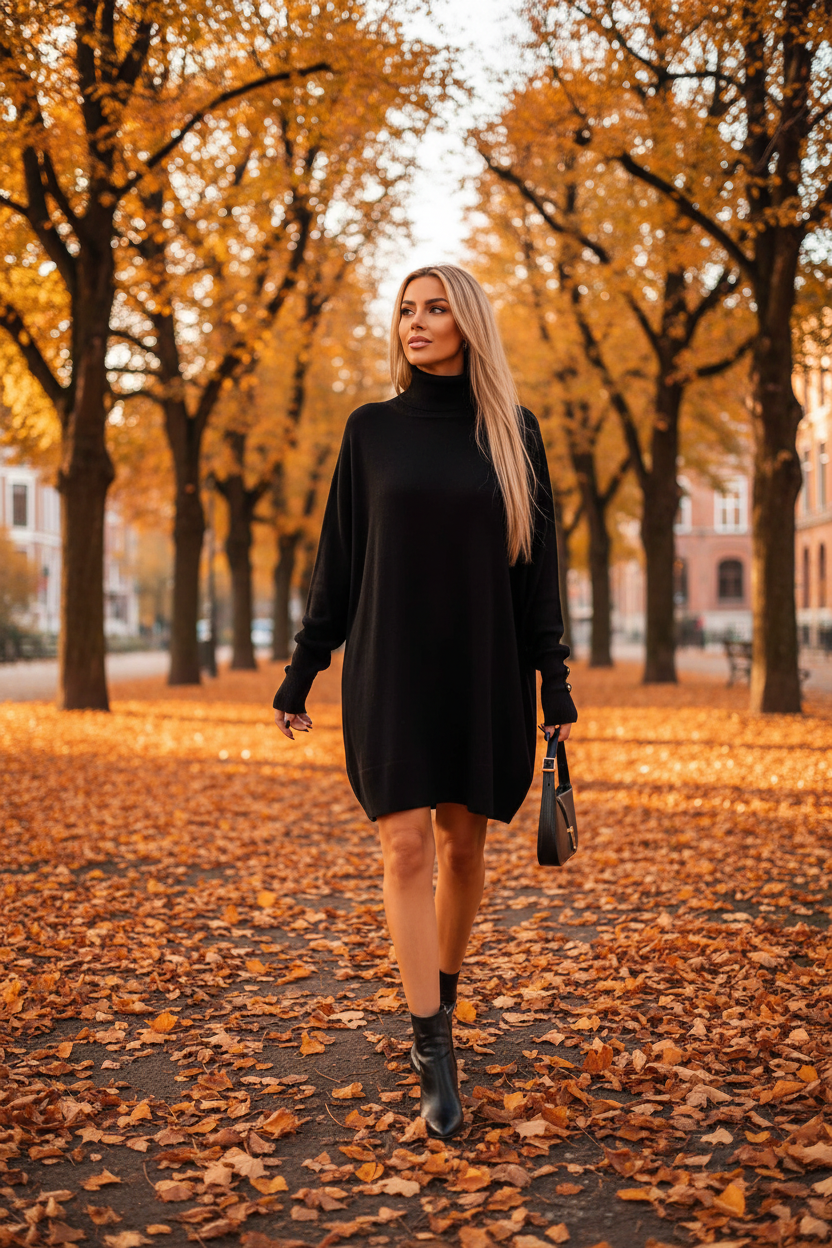 Cozy Black Turtleneck Sweater Dress with Long Sleeves and Ribbed Detail