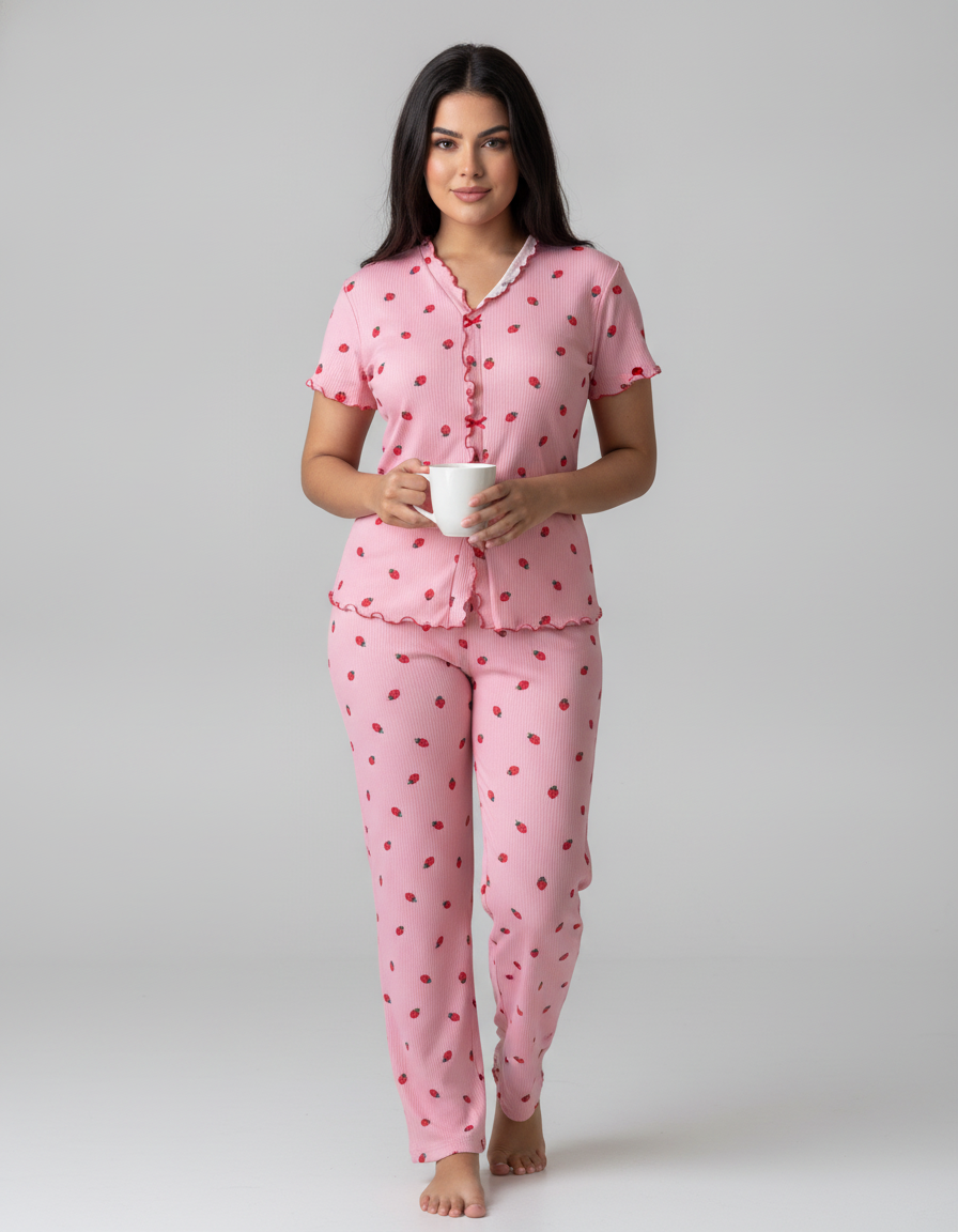 Cozy Strawberry Print Pajama Set with Stand Collar for Women