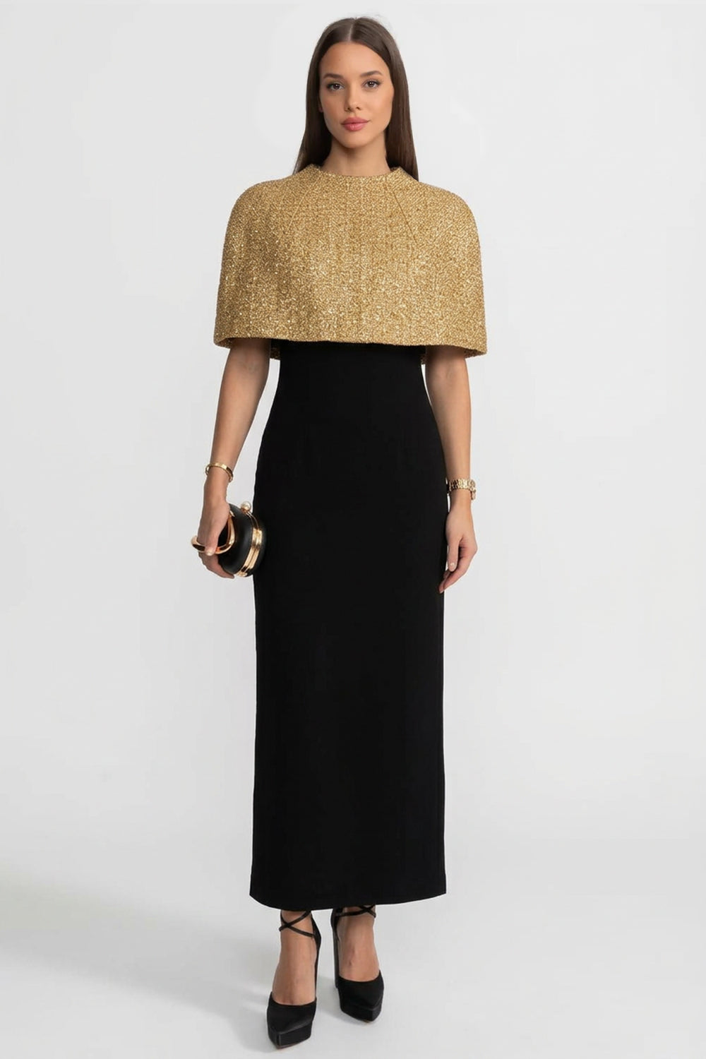 Metallic Boucle Cape Overlay Lace Waist Band Midi Dress - View 8