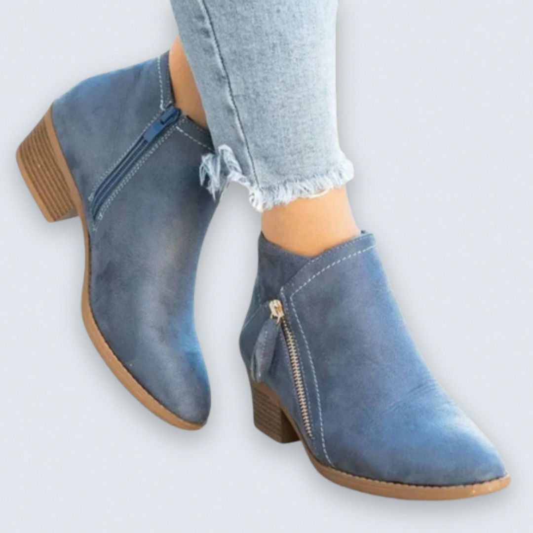 Side Zip Pointed Toe Stacked Block Heel Ankle Boots