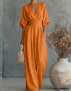 V-Neck Batwing Sleeve Ruched Waist Wide Leg Jumpsuit