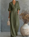 V-Neck Batwing Sleeve Ruched Waist Wide Leg Jumpsuit