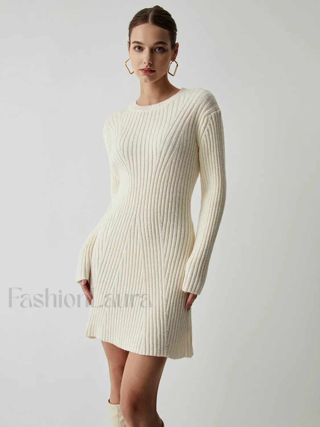 Cream Rib Long Trendy Sleeve Short Sweater Dress White / XS Sweaters L