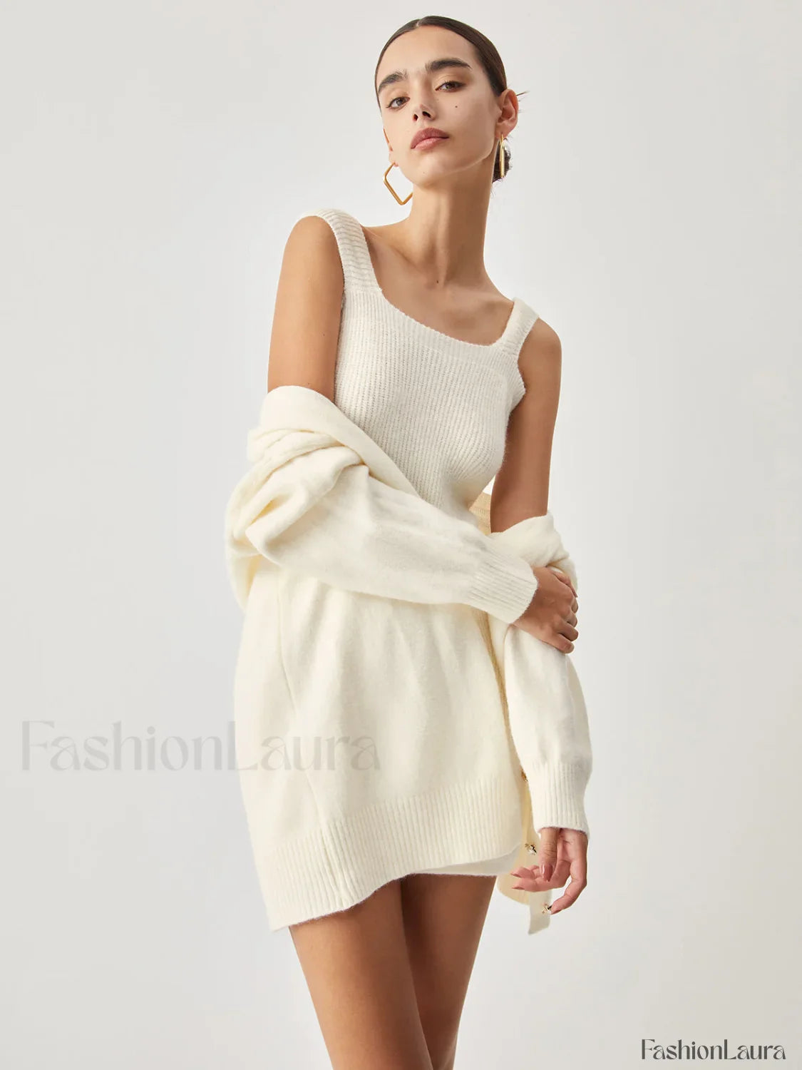 Cream Short Sweater Trendy Dress With Matching Cardigan