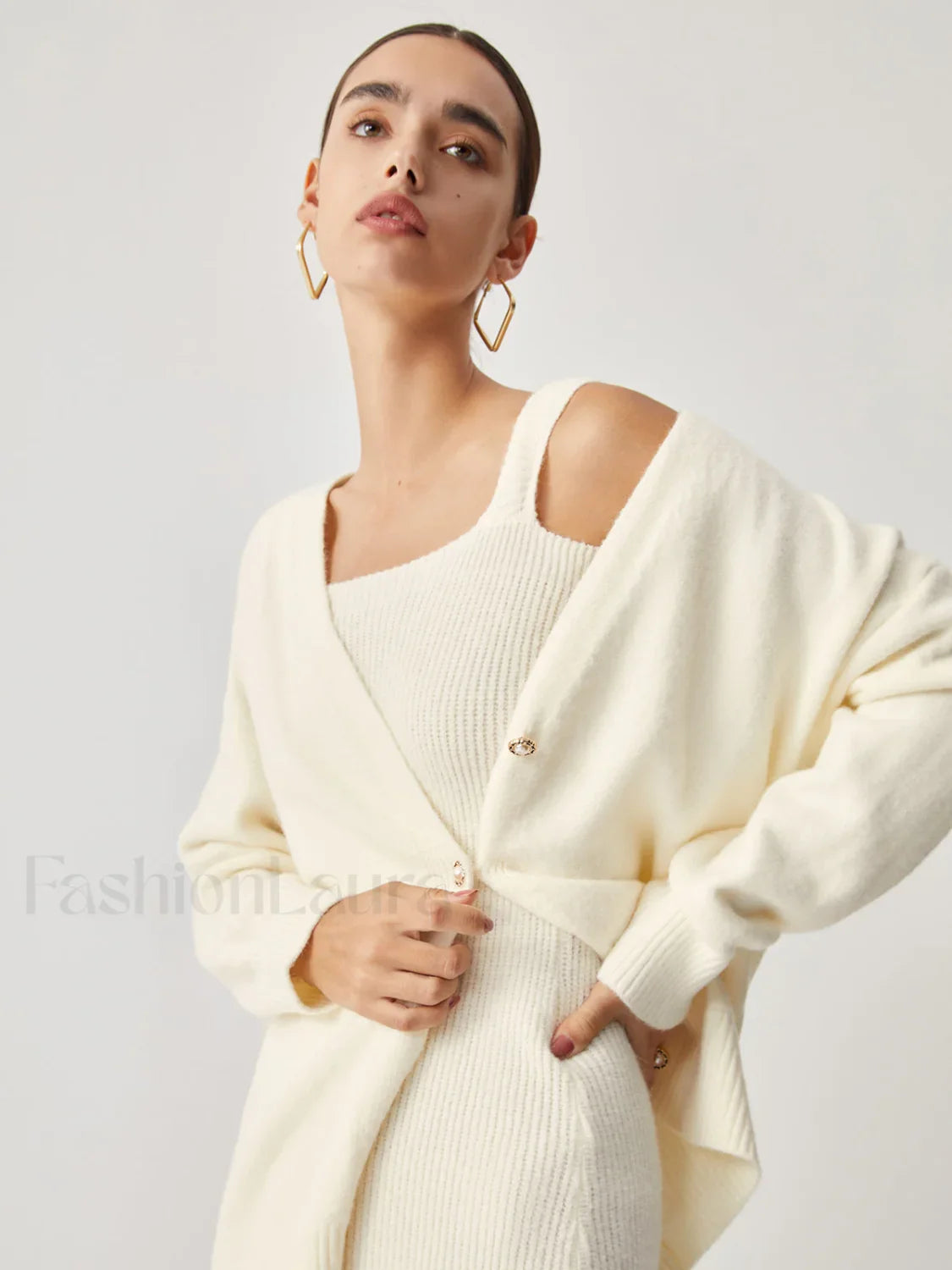 Cream Short Sweater Trendy Dress With Matching Cardigan