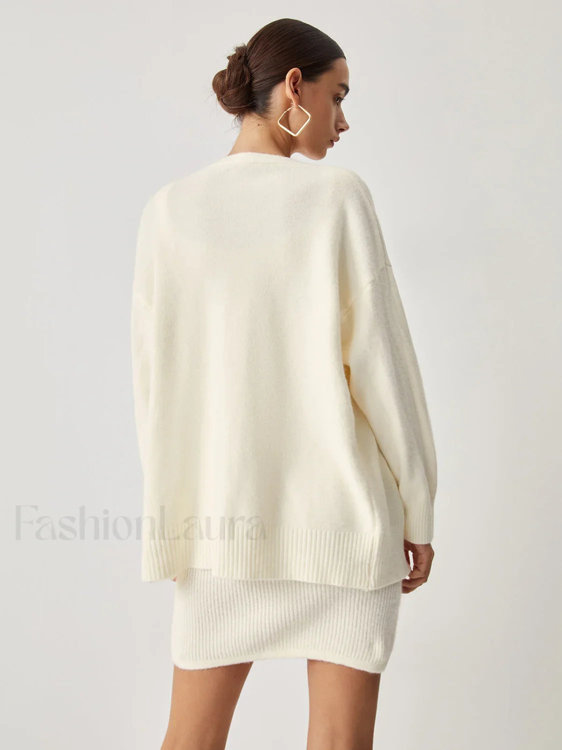 Cream Short Sweater Trendy Dress With Matching Cardigan
