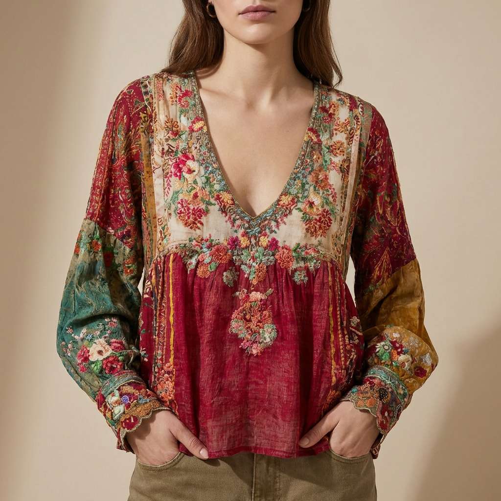 Floral Patchwork V-Neck Sweater 2