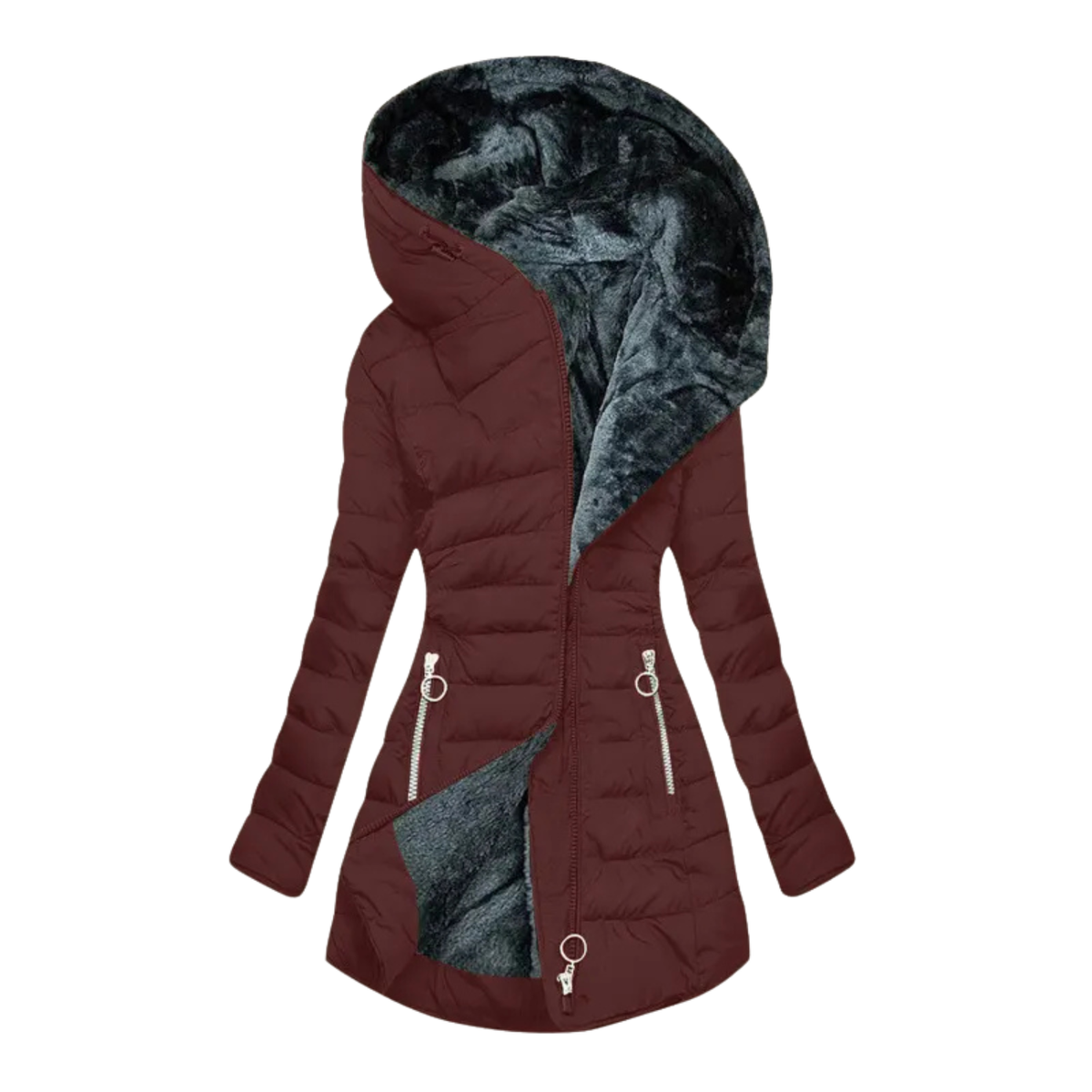 Hooded Fleece Lined Zip Front Quilted Puffer Coat 3