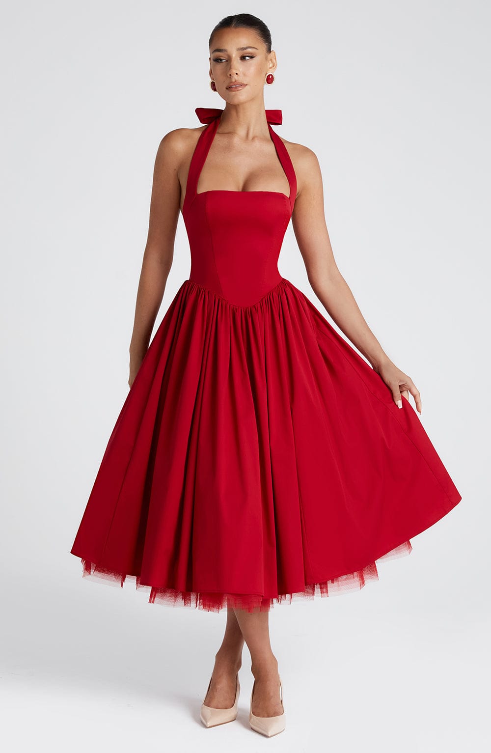 Halter Neck Bow Back Corset Bodice Tulle Petticoat Swing Midi Dress