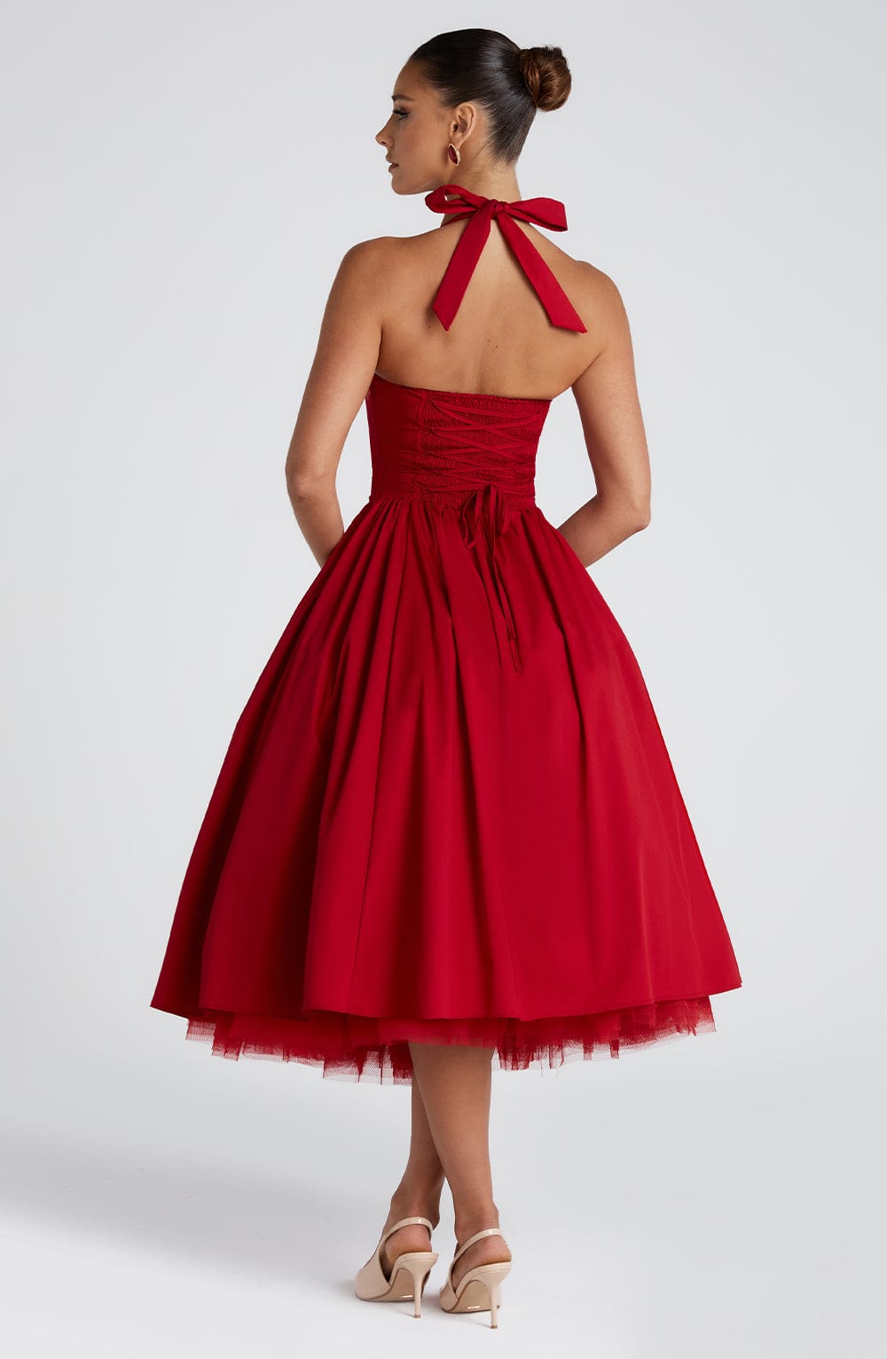 Halter Neck Bow Back Corset Bodice Tulle Petticoat Swing Midi Dress 2