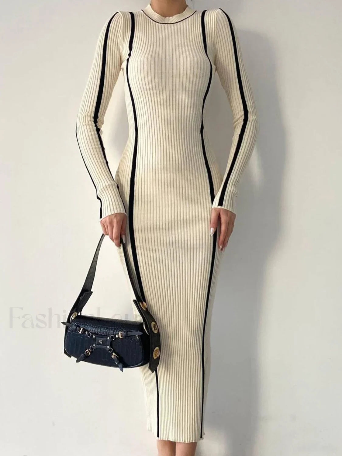 Crew Neck Contrast Trim Modern Long Sleeve Knit Midi Dress