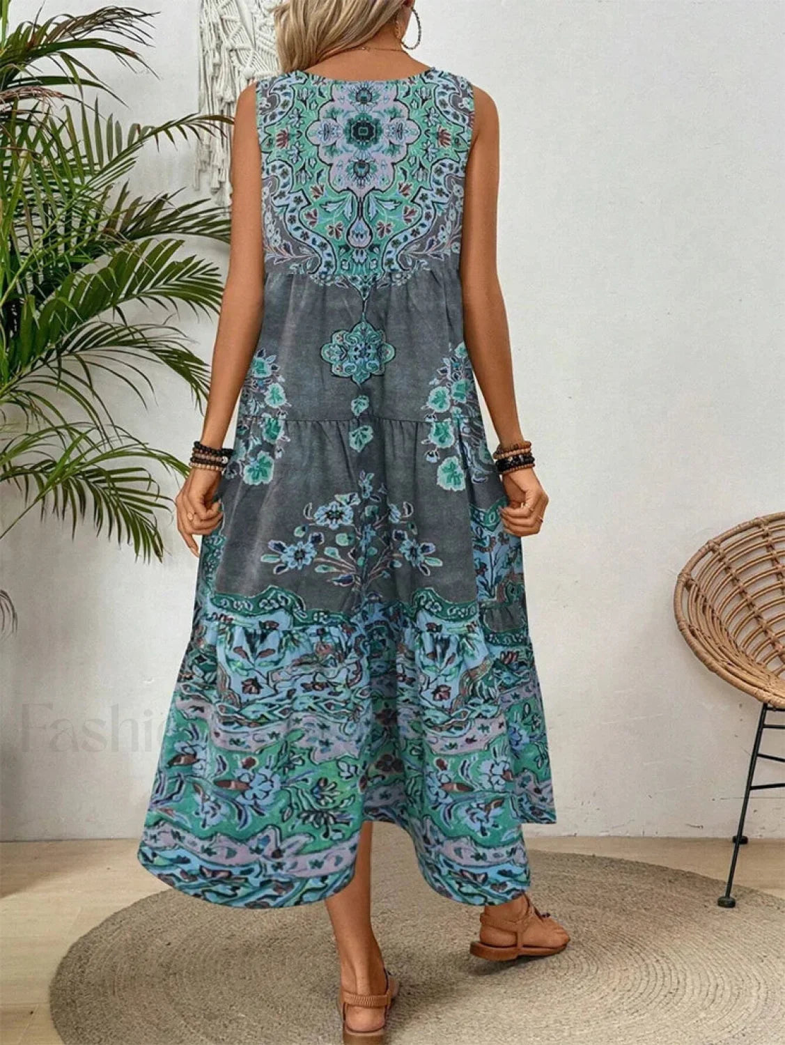Crew-Neck Print Boho Dress