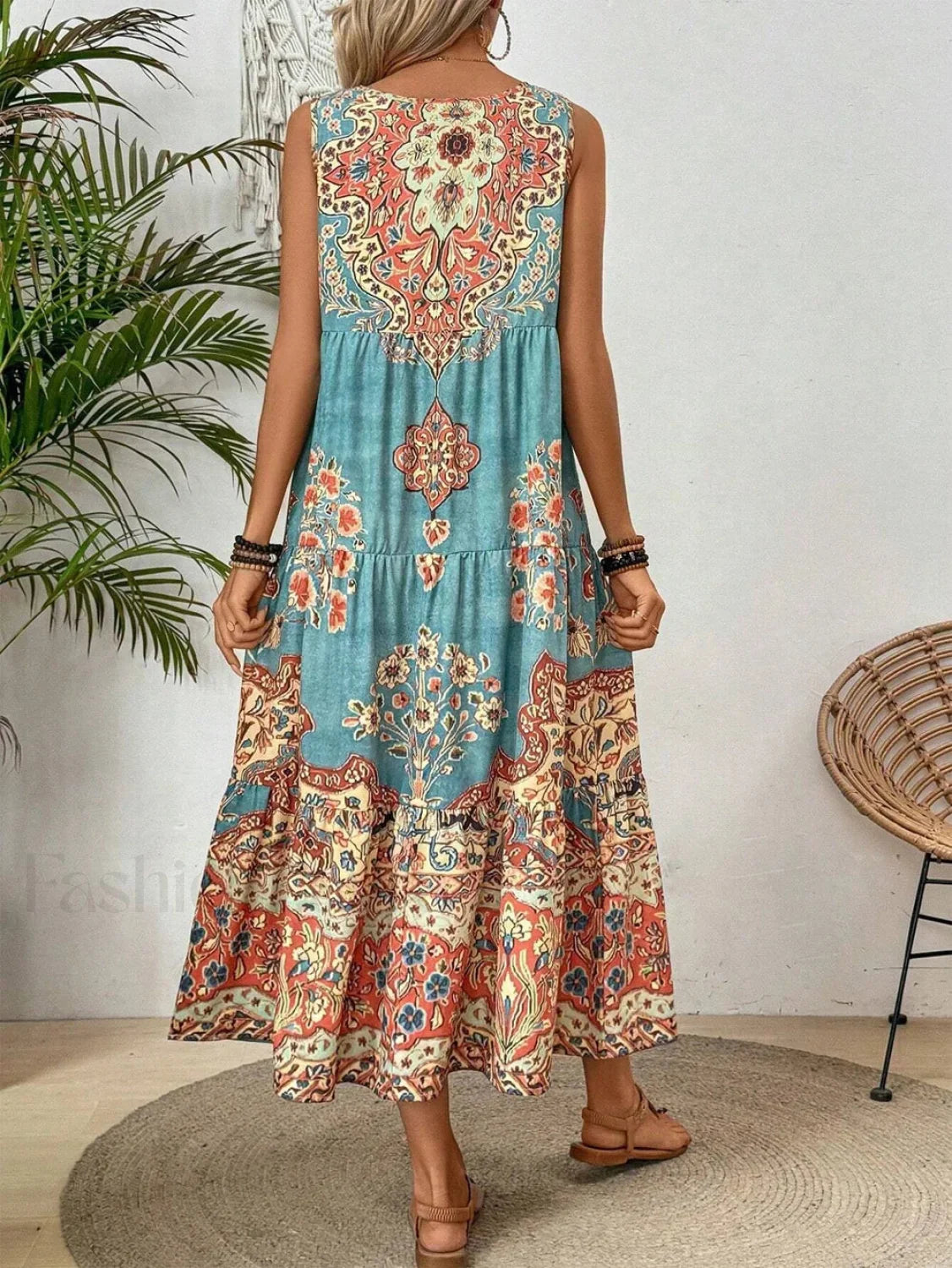 Crew-Neck Print Boho Dress