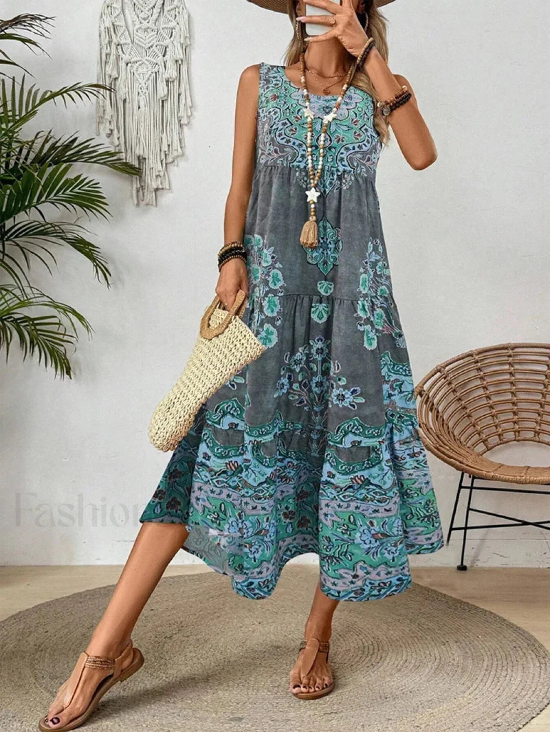 Crew-Neck Print Boho Dress