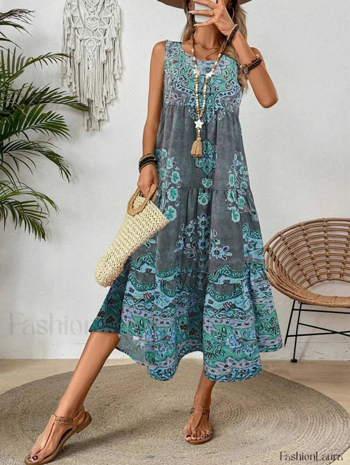 Crew-Neck Print Boho Dress