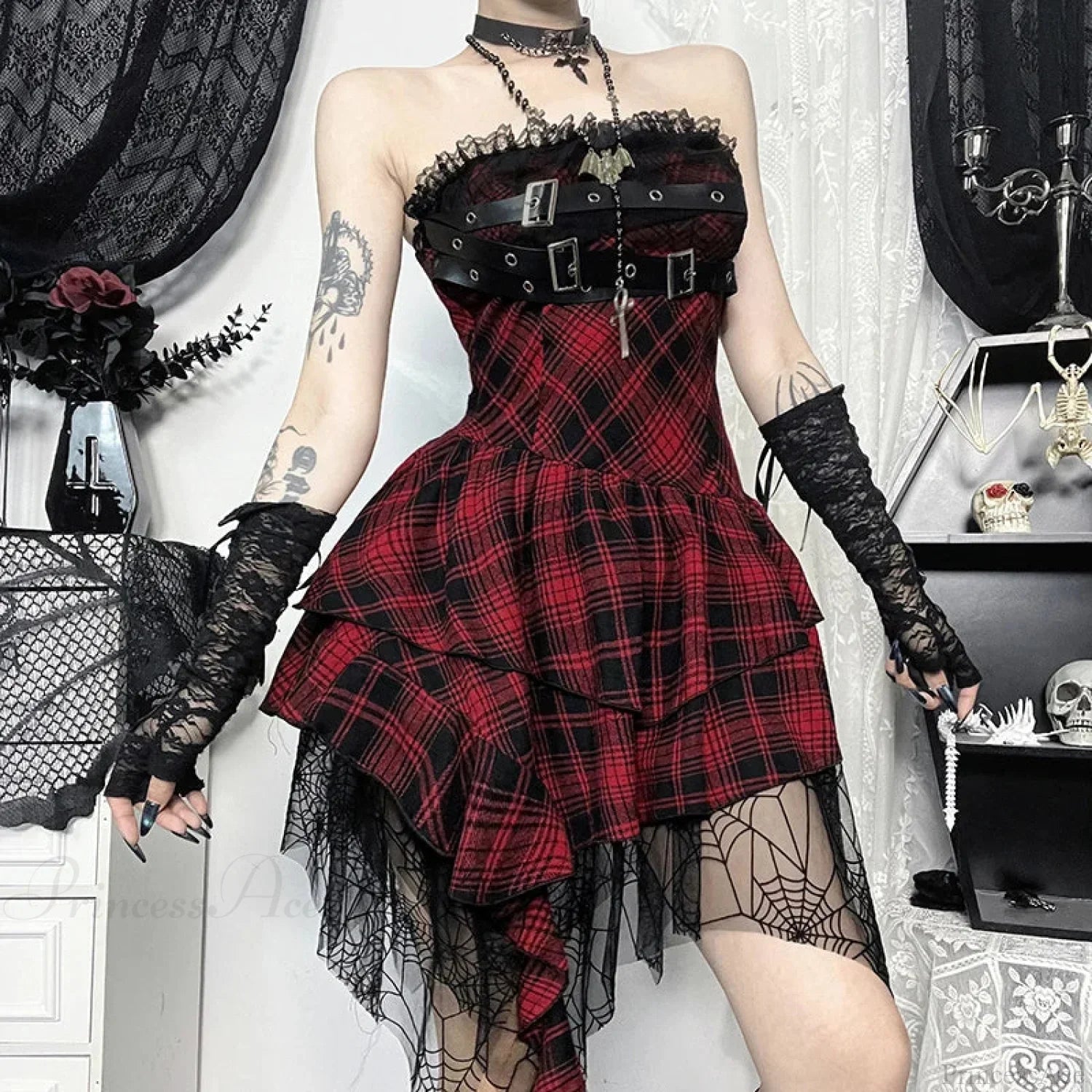Strapless Plaid Buckle Strap Lace Trim Tiered Ruffle Mini Dress