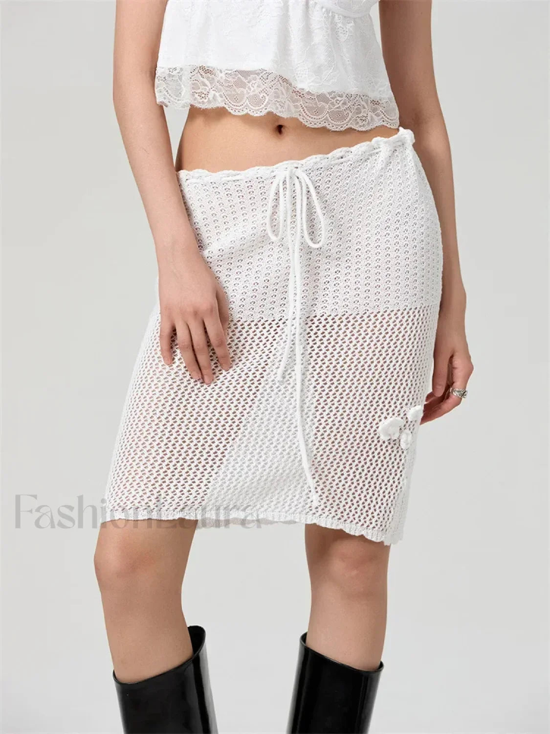Crochet Flower Knitted Midi Skirt WHITE / S