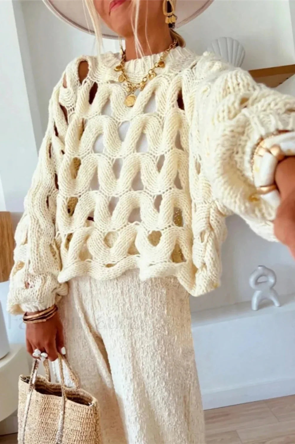 Crochet Knit Hollow Out Pullover Sweater
