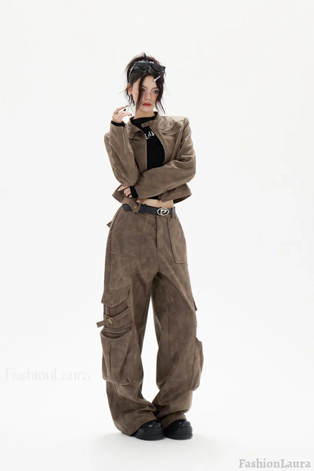 Cropped Biker Style Leather Jacket