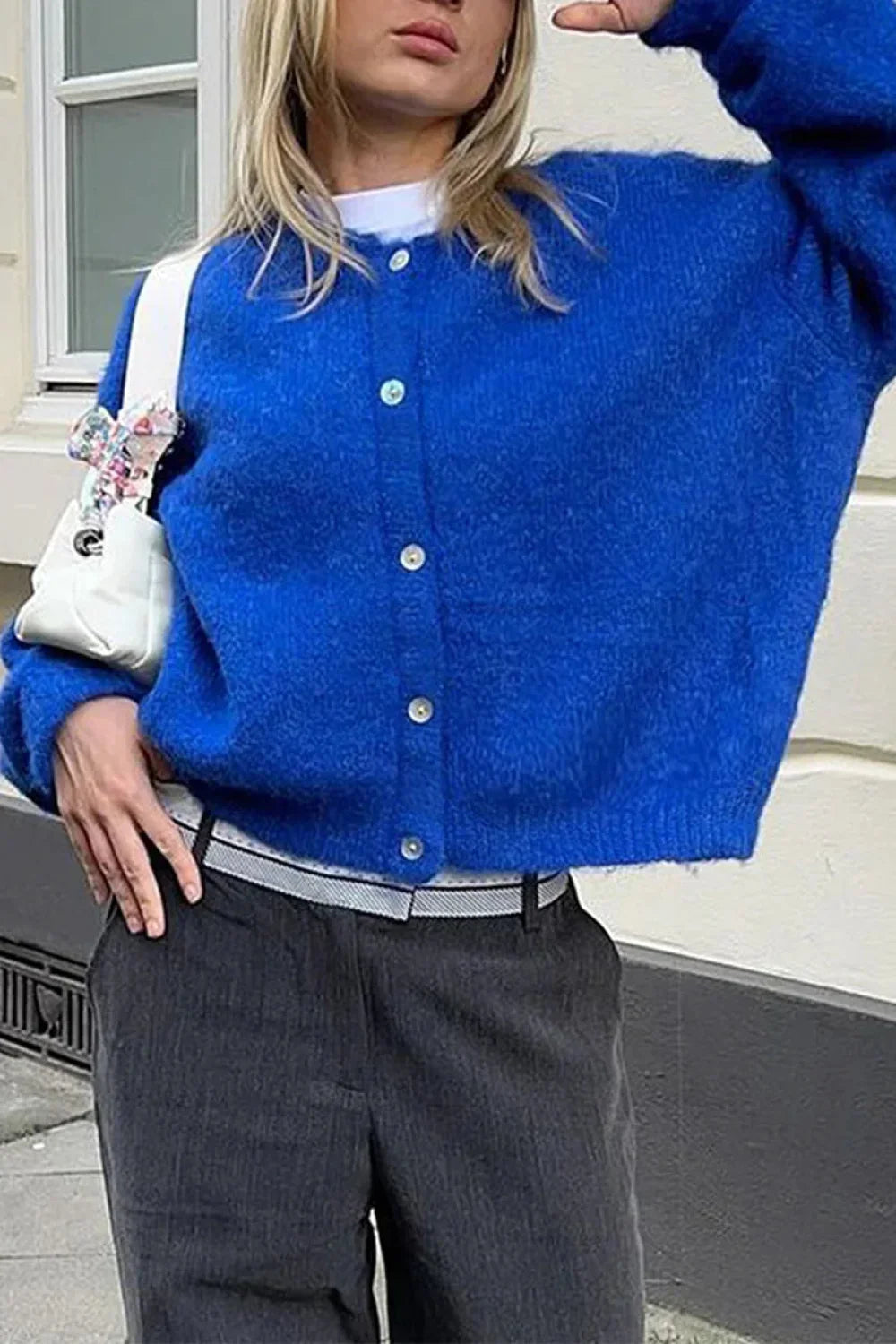 Cropped Knit Button Cardigan Blue / S