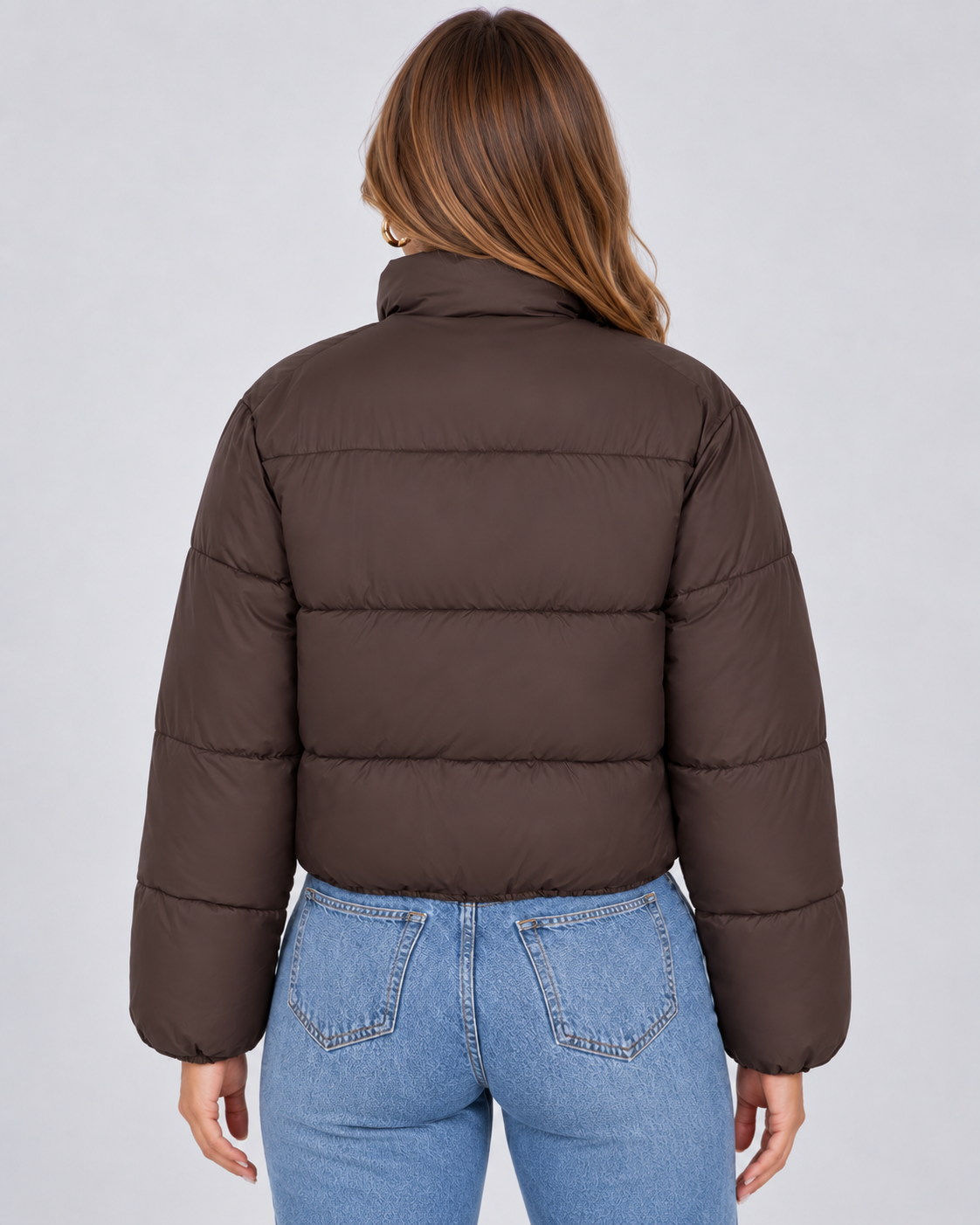Cropped Quilted Puffer Jacket - High Collar Zip Front