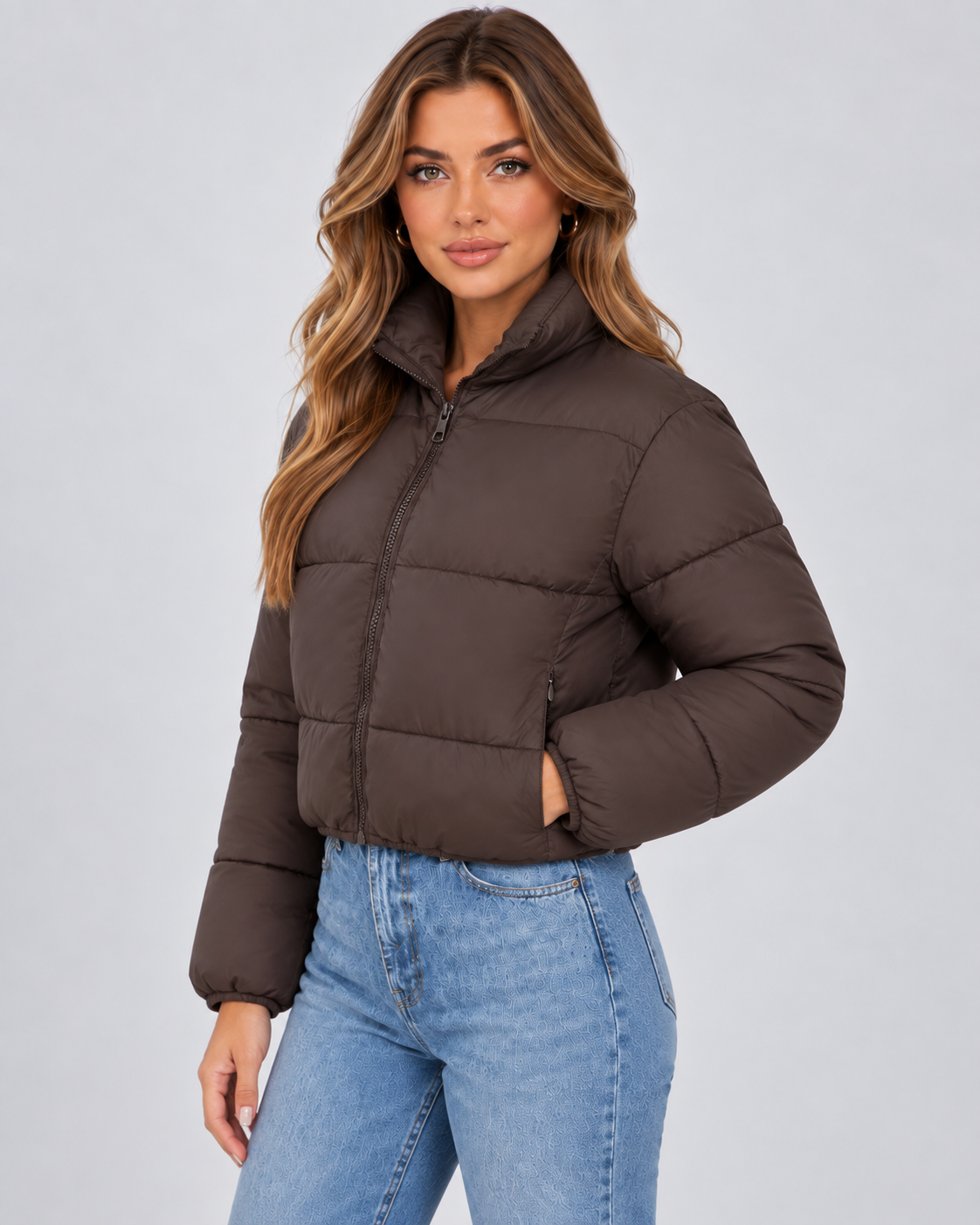 Cropped Quilted Puffer Jacket - High Collar Zip Front