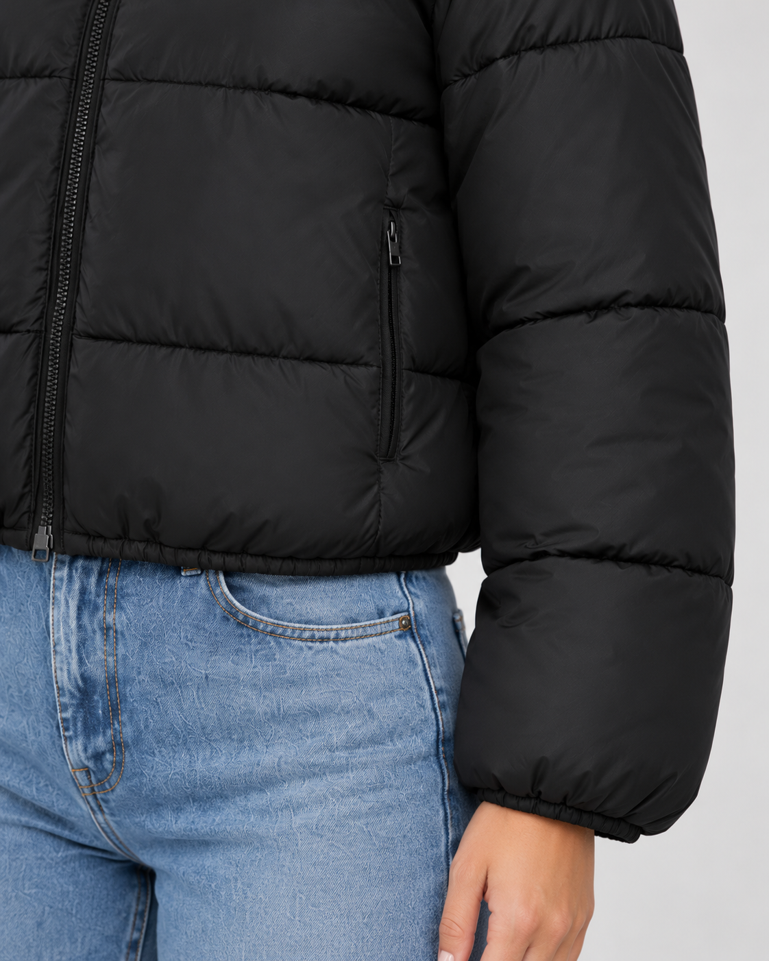 Cropped Quilted Puffer Jacket - High Collar Zip Front