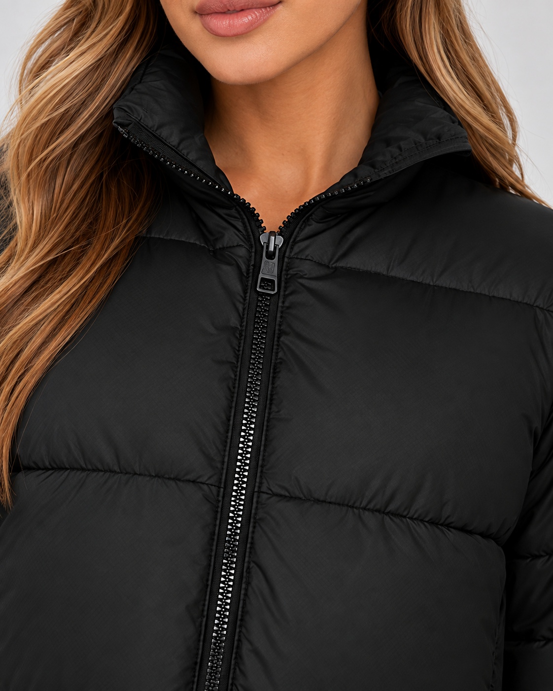 Cropped Quilted Puffer Jacket - High Collar Zip Front