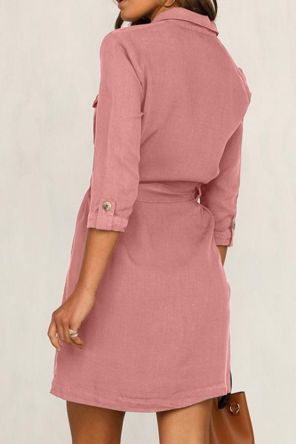 Cropped Sleeve Single-breasted Pocket Dress